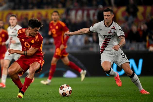 Paulo Dybala of AS Roma and Granit Xhaka of Bayer Leverkusen during the Europa League football match between AS Roma and Bayer Leverkusen at Olimpico stadium in Rome (Italy), May 2nd, 2024. AndreaxStaccioli