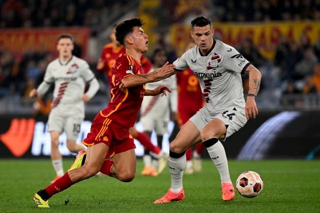 Paulo Dybala of AS Roma and Granit Xhaka of Bayer Leverkusen during the Europa League football match between AS Roma and Bayer Leverkusen at Olimpico stadium in Rome (Italy), May 2nd, 2024. AndreaxStaccioli