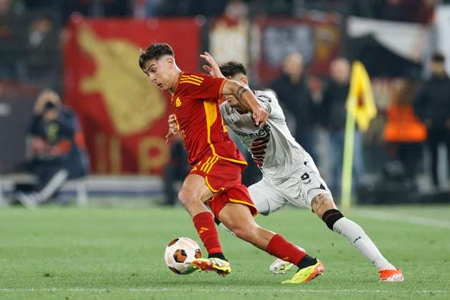 Piero Hincapie (Bayer 04 Leverkusen) and Paulo Dybala (AS Roma) battle for the ball, UEFA Europa League 2023 2024 - Semifinals first leg, AS Roma vs Bayer 04 Leverkusen, Olimpico Stadium, May 2, 2024, Rome, Italy.