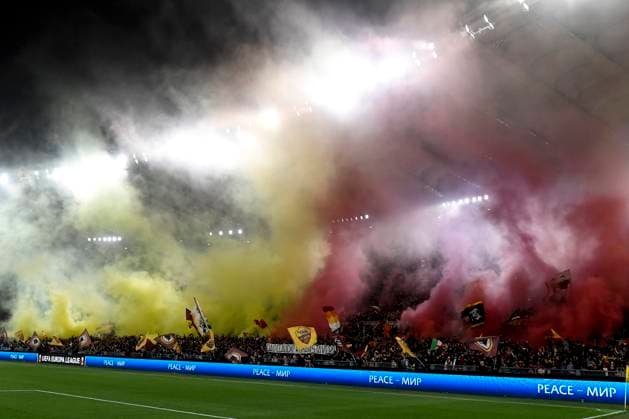AS Roma fans light smoke bombs during the Europa League football match between AS Roma and Bayer Leverkusen at Olimpico stadium in Rome (Italy), May 2nd, 2024. AndreaxStaccioli