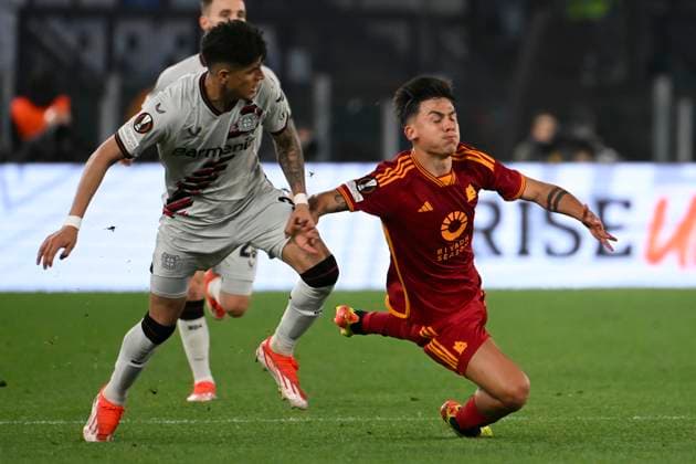 Piero Hincapie of Bayer Leverkusen and Paulo Dybala of AS Roma during the Europa League football match between AS Roma and Bayer Leverkusen at Olimpico stadium in Rome (Italy), May 2nd, 2024. AndreaxStaccioli