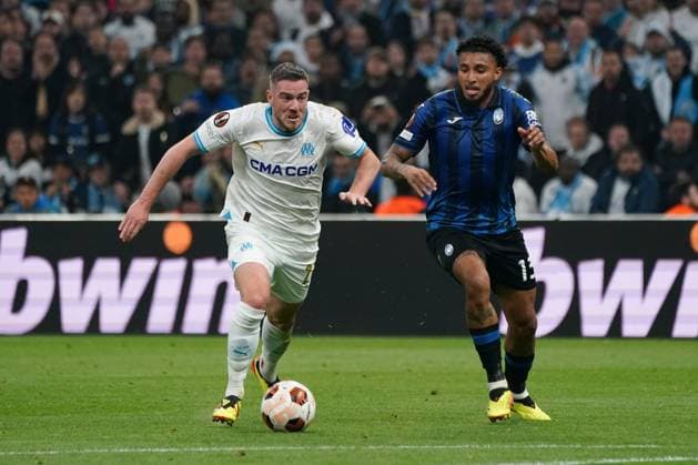 Jordan Veretout (Olympique de Marseille) and JosÃ Dos Santos Ederson (Atalanta Bergame) during the UEFA Europa League semifinal first leg match between Atalanta Bergame and Olympique de Marseille at Orange VÃ lodrome in Marseille. FOOTBALL : Olympique de Marseille vs Atalanta Bergame - Demi finale Europa League - Marseille - 02 05 2024 NorbertScanella Panoramic 