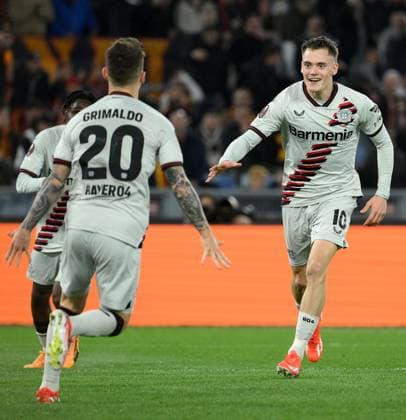 May 2, 2024, Rome: Bayer Leverkusen s Florian Wirtz (R) celebrates with his teammates after scoring the 0-1 goal during the UEFA Europe League semifinal 1st leg soccer match between AS Roma and Bayer Leverkusen at Olimpico stadium in Rome, Italy, 02 May 2024. ANSA ETTORE FERRARI. UEFA Europa League - AS Roma vs Bayer Leverkusen  - ZUMAa110 20240502_zaf_a110_039 Copyright: xEttorexFerrarix
