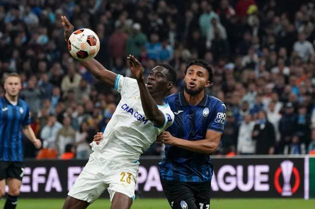 IsmaÃ¯la Sarr (Olympique de Marseille) and JosÃ Dos Santos Ederson (Atalanta Bergame) during the UEFA Europa League semifinal first leg match between Atalanta Bergame and Olympique de Marseille at Orange VÃ lodrome in Marseille. FOOTBALL : Olympique de Marseille vs Atalanta Bergame - Demi finale Europa League - Marseille - 02 05 2024 NorbertScanella Panoramic 