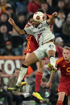 Roma s Bryan Cristante and Leverkusen s Amine Adli in action during the UEFA Europa League semifinal first leg soccer match between AS Roma and Bayer 04 Leverkusen at the Olympic stadium in Rome, Italy, Thursday, May 2, 2024. (Alfredo Falcone LaPresse)  Copyright: xAlfredoxFalcone LaPressex