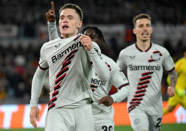 May 2, 2024, Rome: Bayer Leverkusen s Florian Wirtz (L) celebrates with his teammates after scoring the 0-1 goal during the UEFA Europe League semifinal 1st leg soccer match between AS Roma and Bayer Leverkusen at Olimpico stadium in Rome, Italy, 02 May 2024. ANSA ETTORE FERRARI. UEFA Europa League - AS Roma vs Bayer Leverkusen  - ZUMAa110 20240502_zaf_a110_052 Copyright: xEttorexFerrarix