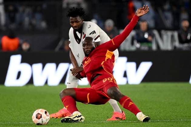 Edmond Tapsoba of Bayer Leverkusen and Romelu Lukaku of AS Roma during the Europa League football match between AS Roma and Bayer Leverkusen at Olimpico stadium in Rome (Italy), May 2nd, 2024. AndreaxStaccioli