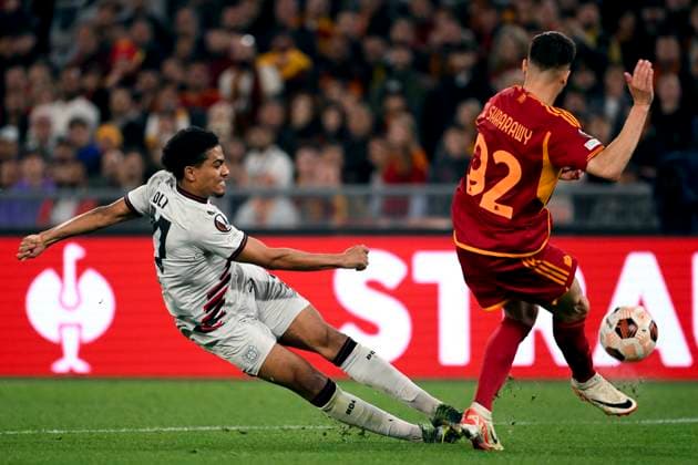 Amine Adli of Bayer Leverkusen and Stephan El Shaarawy of AS Roma during the Europa League football match between AS Roma and Bayer Leverkusen at Olimpico stadium in Rome (Italy), May 2nd, 2024. AndreaxStaccioli