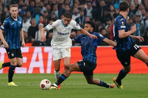 Amine Harit (Olympique de Marseille) and JosÃ Dos Santos Ederson (Atalanta Bergame) during the UEFA Europa League semifinal first leg match between Atalanta Bergame and Olympique de Marseille at Orange VÃ lodrome in Marseille. FOOTBALL : Olympique de Marseille vs Atalanta Bergame - Demi finale Europa League - Marseille - 02 05 2024 NorbertScanella Panoramic 