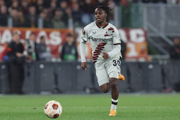 Football Europa League match - AS Roma vs Bayer 04 Leverkusen Rome, Italy 2.05.2024: Jeremie Frimpong of Leverkusen during the UEFA Europa League 2023-2024, semi-finals leg 1, football match between AS Roma vs Bayer 04 Leverkusen FuSsball at Olympic Stadium in Rome. Rome Italy  Copyright: xIPAxSport ABACAx