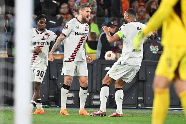 Rome, Olimpico, 02 05 24, GER, Men, UEFA Europa League, Season 2023 2024, Semi-final, AS Roma Bayer 04 Leverkusen Picture Robert ANDRICH Leverkusen cheers after his goal to 0 2 Only for editorial use UEFA regulations prohibit any use of photographs as image sequences and or quasi video Italy