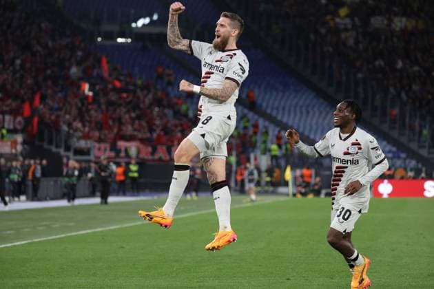 Europa League 2023 24 tra Roma vs Bayer Leverkusen 02 05 2024 Rome, Olympic Stadium, football match valid for the semi-final of the Europa League 2023 24 between AS Roma vs Bayer Leverkusen In the picture: Robert Andrich (Bayer 04 Leverkusen) goal ROMA Stadio Olimpico Lazio ITALIA Copyright: xFABIOxSASSOxFabioxSassox 2L8A4849