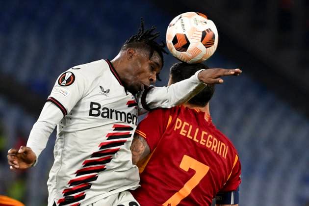 Jeremie Frimpong of Bayer Leverkusen and Lorenzo Pellegrini of AS Roma during the Europa League football match between AS Roma and Bayer Leverkusen at Olimpico stadium in Rome (Italy), May 2nd, 2024. AndreaxStaccioli