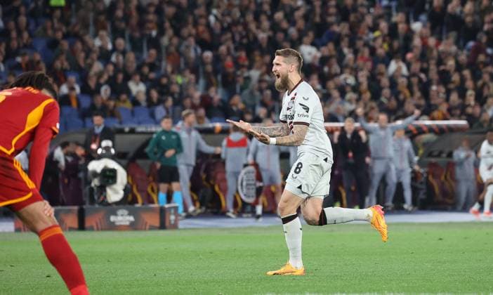 Goal for Leverkusen at 0 2 by Robert Andrich Bayer 04 Leverkusen, 08 , AS Roma vs Bayer 04 Leverkusen, Europa League, Semifinal, First leg, Season 2023 24, 02 05 2024, ITA, AS Roma vs Bayer 04 Leverkusen, Europa League, Semifinal, First leg, Season 2023 24, 02 05 2024, Rome Copyright: xEibner-Pressefoto JoergxNiebergallx EP_JNL