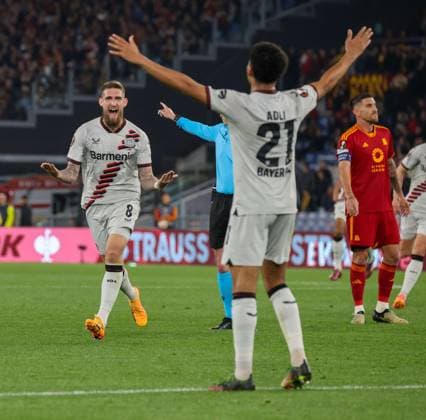 May 2, 2024, Roma, Lazio, ITALIA: 02 05 2024 Rome, Olympic Stadium, football match valid for the semi-final of the Europa League 2023 24 between AS Roma vs Bayer Leverkusen.In the picture: Robert Andrich (Bayer 04 Leverkusen) goal Roma ITALIA - ZUMAs236 20240502_aap_s236_050 Copyright: xFabioxSassox
