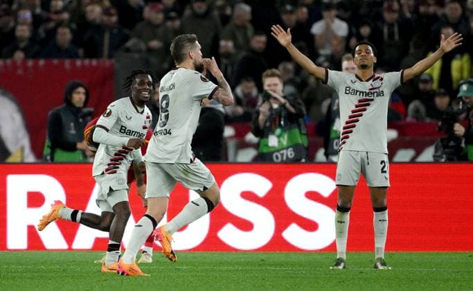 May 2, 2024, Rome: Bayer Leverkusen s Robert Andrich (C) celebrates with his teammates after scoring the 0-2 goal during the UEFA Europe League semifinal 1st leg soccer match between AS Roma and Bayer Leverkusen at Olimpico stadium in Rome, Italy, 02 May 2024. ANSA ETTORE FERRARI. UEFA Europa League - AS Roma vs Bayer Leverkusen  - ZUMAa110 20240502_zaf_a110_059 Copyright: xEttorexFerrarix