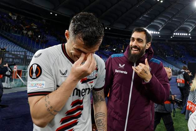 Granit Xhaka (Bayer 04 Leverkusen) and Borja Iglesias (Bayer 04 Leverkusen) celebrate with the supporters at the end of the match, UEFA Europa League 2023 2024 - Semifinals first leg, AS Roma vs Bayer 04 Leverkusen, Olimpico Stadium, May 2, 2024, Rome, Italy.