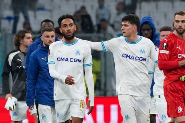 Pierre Emerick Aubameyang (Olympique de Marseille) and Leonardo Balerdi (Olympique de Marseille) during the UEFA Europa League semifinal first leg match between Atalanta Bergame and Olympique de Marseille at Orange VÃ lodrome in Marseille. FOOTBALL : Olympique de Marseille vs Atalanta Bergame - Demi finale Europa League - Marseille - 02 05 2024 NorbertScanella Panoramic 