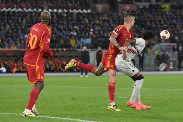 2nd May 2024, Stadio Olimpico, Rome, Italy; Europa League, Semi Final First Leg Football; Roma versus Bayer Leverkusen; Gianluca Mancini of AS Roma, Edmond Tapsoba of Bayer Leverkusen  ActionPlus12637401 AllShotLive
