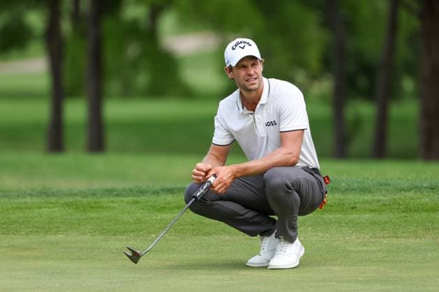MCKINNEY, TX - MAY 02: Thomas Detry (BEL) looks to his caddie on the fifth green during the first round of the PGA, Golf Herren CJ CUP Byron Nelson on May 2, 2024, at TUP Craig Ranch in McKinney, TX. (Photo by David Buono Icon Sportswire) GOLF: MAY 02 PGA CJ CUP Byron Nelson EDITORIAL USE ONLY Icon240502230