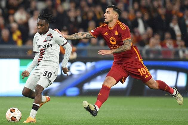 Football Europa League match - AS Roma vs Bayer 04 Leverkusen Jeremie Frimpong of Bayer Leverkusen,Leandro Paredes of AS Roma during the Uefa Europa League semi final first leg match AS Roma v Bayer Leverkusen at Olimpico stadium in Rome, Italy, 02nd May, 2024. Mattia Vian during AS Roma vs Bayer 04 Leverkusen, Football Europa League match in Rome, Italy, May 02 2024 Rome Italy  Copyright: xIPAxSport ABACAx