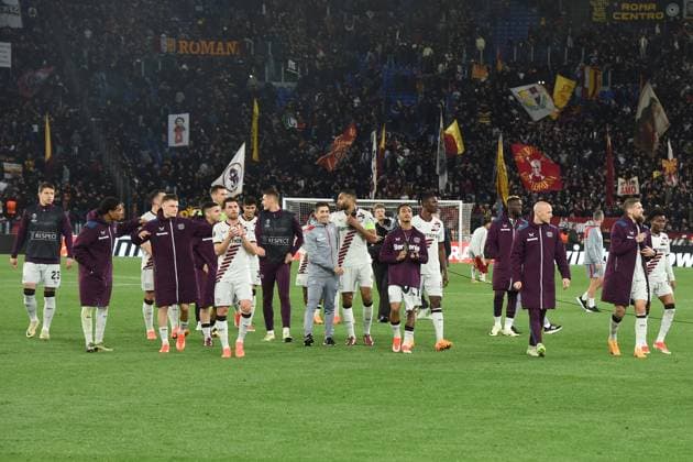 Football Europa League match - AS Roma vs Bayer 04 Leverkusen Bayer Leverkusen player s celebrating the victory at the end of the match during the Uefa Europa League semi final first leg match AS Roma v Bayer Leverkusen at Olimpico stadium in Rome, Italy, 02nd May, 2024. Mattia Vian during AS Roma vs Bayer 04 Leverkusen, Football Europa League match in Rome, Italy, May 02 2024 Rome Italy  Copyright: xIPAxSport ABACAx