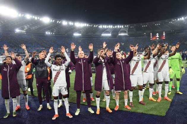 Football Europa League match - AS Roma vs Bayer 04 Leverkusen Bayer Leverkusen player s celebrating the victory at the end of the match during the Uefa Europa League semi final first leg match AS Roma v Bayer Leverkusen at Olimpico stadium in Rome, Italy, 02nd May, 2024. Mattia Vian during AS Roma vs Bayer 04 Leverkusen, Football Europa League match in Rome, Italy, May 02 2024 Rome Italy  Copyright: xIPAxSport ABACAx