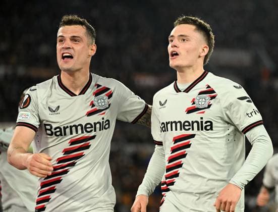 (240503) -- ROME, May 3, 2024 -- Bayer 04 Leverkusen s Florian Wirtz (R) celebrates his goal with teammate Granit Xhaka during the UEFA Europa League semifinal 1st leg match between Roma and Bayer 04 Leverkusen in Rome, Italy, May 2, 2024. (Photo by Xinhua) (SP) ITALY-ROME-FOOTBALL-UEFA EUROPA LEAGUE-SEMIFINALS-ROMA VS LEVERKUSEN AugustoxCasasoli 