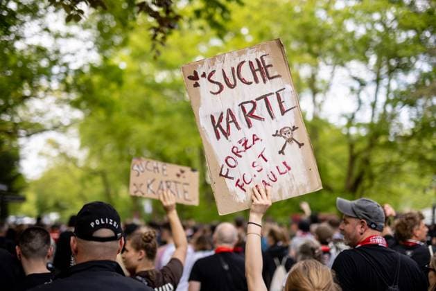 Hamburg, 3 May 2024 Soccer, 2 Bundesliga 2023 24, Hamburger SV FC St Pauli Fans of FC St Pauli with a search card sign DFL REGULATIONS PROHIBIT ANY USE OF PHOTOGRAPHS AS IMAGE SEQUENCES AND OR QUASI VIDEO