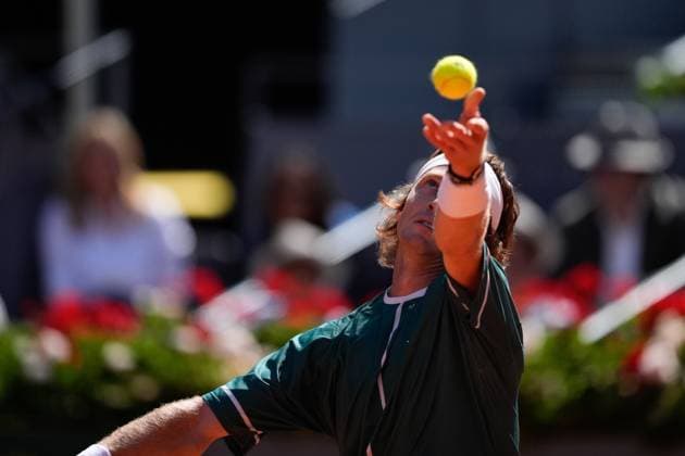 May 3, 2024, Madrid, Madrid, SPAIN: Andrey Rublev of Russia in action against Taylor Fritz of United States during the Mutua Madrid Open 2024, ATP, Tennis Herren Masters 1000 and WTA, Tennis Damen 1000, tournament celebrated at Caja Magica on Mayo 03, 2024 in Madrid, Spain. Madrid SPAIN - ZUMAa181 20240503_zaa_a181_073 Copyright: xOscarxJ.xBarrosox