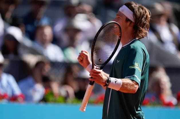 May 3, 2024, Madrid, Madrid, SPAIN: Andrey Rublev of Russia celebrates after winning against Taylor Fritz of United States during the Mutua Madrid Open 2024, ATP, Tennis Herren Masters 1000 and WTA, Tennis Damen 1000, tournament celebrated at Caja Magica on Mayo 03, 2024 in Madrid, Spain. Madrid SPAIN - ZUMAa181 20240503_zaa_a181_079 Copyright: xOscarxJ.xBarrosox