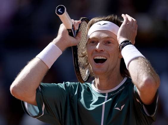Andrey Rublev of Russia celebrates Mutua Madrid Open, Day 12, Tennis, La Caja Magica, Madrid, Spain - 03 May 2024  Copyright: xEllaxLing Shutterstockx 14454213a
