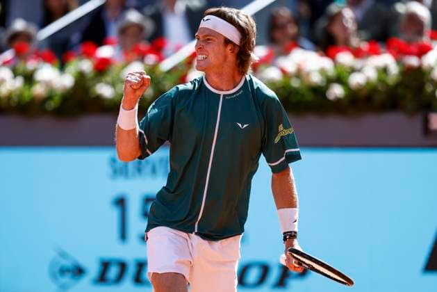 May 3, 2024, Madrid, Madrid, SPAIN: Andrey Rublev of Russia celebrates a point against Taylor Fritz of USA during the Masters 1000 and WTA, Tennis Damen 1000, tournament celebrated at Caja Magica on May 03, 2024 in Madrid, Spain. Madrid SPAIN - ZUMAa181 20240503_zaa_a181_085 Copyright: xIrinaxR.xHipolitox