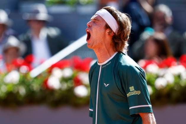 May 3, 2024, Madrid, Madrid, SPAIN: Andrey Rublev of Russia celebrates a point against Taylor Fritz of USA during the Masters 1000 and WTA, Tennis Damen 1000, tournament celebrated at Caja Magica on May 03, 2024 in Madrid, Spain. Madrid SPAIN - ZUMAa181 20240503_zaa_a181_088 Copyright: xIrinaxR.xHipolitox