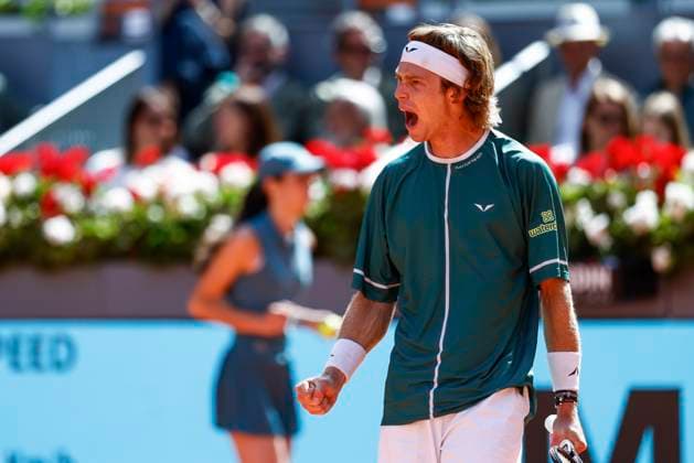 May 3, 2024, Madrid, Madrid, SPAIN: Andrey Rublev of Russia celebrates a point against Taylor Fritz of USA during the Masters 1000 and WTA, Tennis Damen 1000, tournament celebrated at Caja Magica on May 03, 2024 in Madrid, Spain. Madrid SPAIN - ZUMAa181 20240503_zaa_a181_089 Copyright: xIrinaxR.xHipolitox