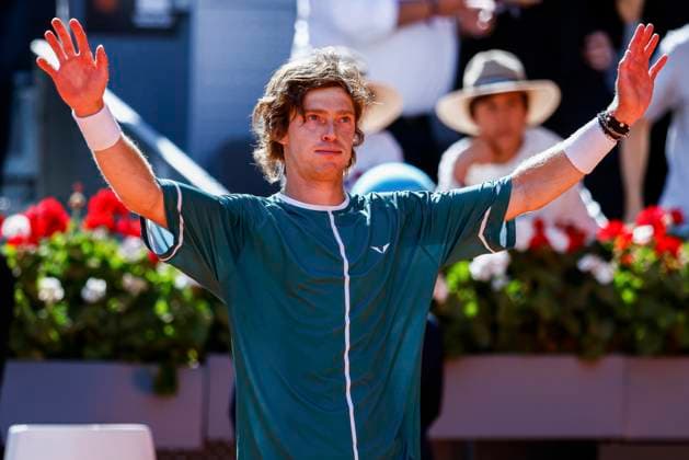 May 3, 2024, Madrid, Madrid, SPAIN: Andrey Rublev of Russia celebrates after winning against Taylor Fritz of USA during the Masters 1000 and WTA, Tennis Damen 1000, tournament celebrated at Caja Magica on May 03, 2024 in Madrid, Spain. Madrid SPAIN - ZUMAa181 20240503_zaa_a181_093 Copyright: xIrinaxR.xHipolitox