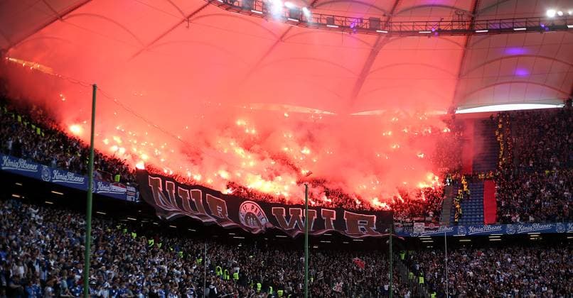 03 05 2024, Soccer 2 Bundesliga 2023 2024, Matchday 32, Hamburger SV FC St Pauli , at Volksparkstadion Hamburg Pyro in the guest fan block of FC St Pauli DFL and DFB regulations prohibit any use of photographs as image sequences and or quasi video