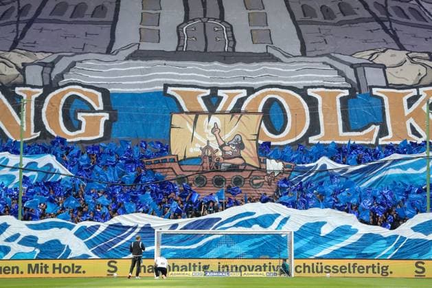 03 05 2024, xtgx, Soccer 2 Bundesliga, Hamburger SV FC St Pauli emspor, v l symbol photo, symbol picture, HSV fans with a choreo, banner, picture, banner DFL DFB REGULATIONS PROHIBIT ANY USE OF PHOTOGRAPHS as IMAGE SEQUENCES and or QUASI VIDEO Hamburg
