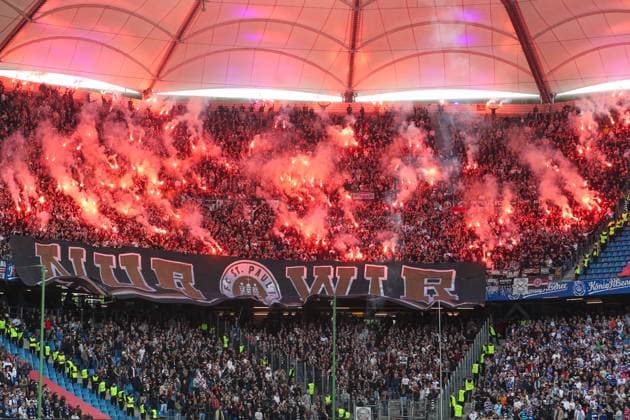 2 Bundesliga Hamburger SV FC St Pauli on 03 05 2024 at Volksparkstadion in Hamburg The fans of FC St Pauli set off pyrotechnics in the visitors block MH
