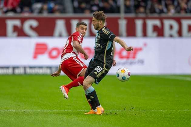 Soccer 2 Bundesliga, Season 2023 2024, Matchday 32, Fortuna Duesseldorf 1 FC Nuernberg on 03 05 2024 in the Merkur Spiel Arena in Duesseldorf duel between Tim Oberdorf Fortuna Duesseldorf, 15 and Lukas Schleimer 1 FC Nuernberg, 36 Important note In accordance with the regulations of the DFL German Football League and the DFB German Football Association, it is prohibited to utilize or have utilized photographs taken in the stadium and or of the match in the form of sequential images and or video-like photo series Foto Kirchner Media TH Copyright: xKirchner-Media THx