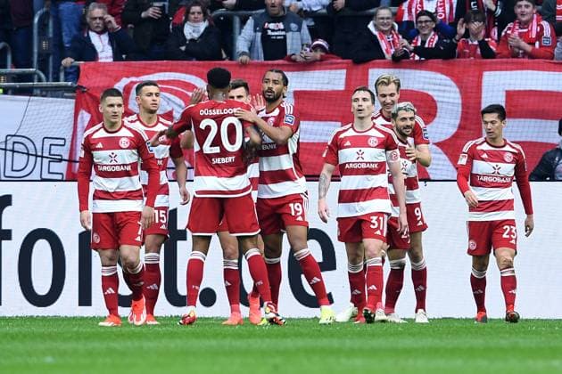 Soccer 2 Bundesliga 32 Matchday Fortuna Düsseldorf 1 FC Nürnberg on 03 05 2024 at Merkur Spiel Arena in Düsseldorf Goal celebration to 1 0 by Vincent Vermeij Düsseldorf DFL regulations prohibit any use of photographs as image sequences and or quasi video xRx
