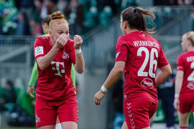 Wolfsburg, Germany 03 May 2024 1 BL Women 2023 2024 VfL Wolfsburg vs 1 FC Köln In the picture from left Laura Vogt Koeln and Martyna Wiankowska Koeln unhappy on the pitch DFB regulations prohibit any use of photographs as image sequences and or quasi video AOK Stadion Niedersachsen Copyright: xFotostandx xNiewelerx