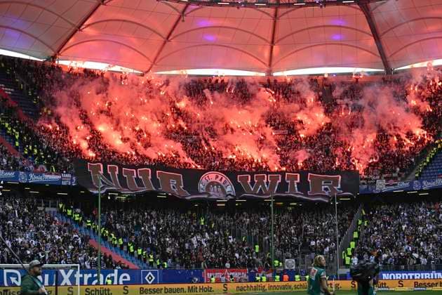 GER 2 FBL,, Hamburger SV vs FC St Pauli 03 05 2024, Volksparkstadion, Hamburg, GER 2 FBL, Hamburger SV vs FC St Pauli in the picture feature the fans of Pauli send off pyrotechnics at the start of the match nordphotoxGmbH xWitke nph00002