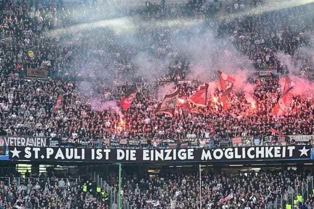 Soccer I Men I 2023 2024 I 2 Bundesliga I 32 Matchday I Hamburger SV FC St Pauli I 3 5 2024 Pyro flags, flags, fan block, St Pauli is the only option Hamburg Volksparkstadion Hamburg Germany Copyright: xLobeca AndreasxHannigx