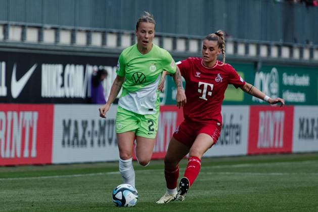 Wolfsburg, Germany 03 May 2024 1 BL Women 2023 2024 VfL Wolfsburg vs 1 FC Köln In the picture from left in duel Lynn Wilms Wolfsburg and Janina Hechler Cologne DFB regulations prohibit any use of photographs as image sequences and or quasi video AOK Stadion Niedersachsen Copyright: xFotostandx xNiewelerx