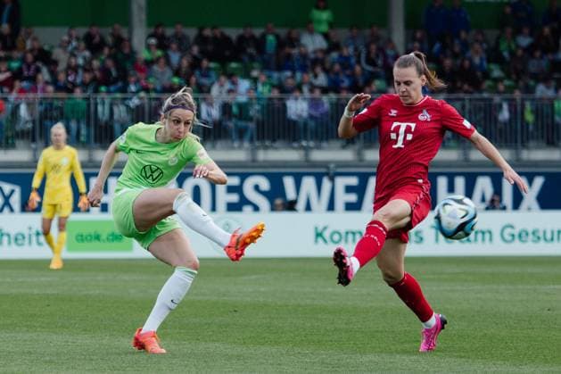 Wolfsburg, Germany 03 May 2024 1 BL Women 2023 2024 VfL Wolfsburg vs 1 FC Köln In the picture from left Kathrin Hendrich Wolfsburg and Dora Zeller Koeln DFB regulations prohibit any use of photographs as image sequences and or quasi video AOK Stadion Niedersachsen Copyright: xFotostandx xNiewelerx