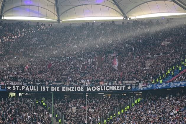 Soccer I Men I 2023 2024 I 2 Bundesliga I 32 Matchday I Hamburger SV FC St Pauli I 3 5 2024 Beam of light, St Pauli is the only option, fan block, symbol photo Hamburg Volksparkstadion Hamburg Germany Copyright: xLobeca AndreasxHannigx