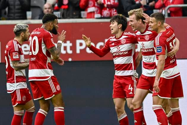 Vincent Vermeij 9, Fortuna Duesseldorf celebrates after scoring 2 0 with Ao Tanaka 4, Fortuna Duesseldorf Tim Oberdorf 15, Fortuna Duesseldorf Matthias Zimmermann 25, Fortuna Duesseldorf Jamil Siebert 20, Fortuna Duesseldorf 03 05 2024 Soccer Fortuna Duesseldorf vs 1 FC Nuernberg , Merkur Spiel Arena, Duesseldorf, DFB DFL REGULATIONS PROHIBIT ANY USE OF PHOTOGRAPHS AS IMAGE SEQUENCES AND OR QUASI VIDEO NRW Germany Copyright: xpepphotox xHorstxMauelshagenx pep00321, pep_20240503_hm