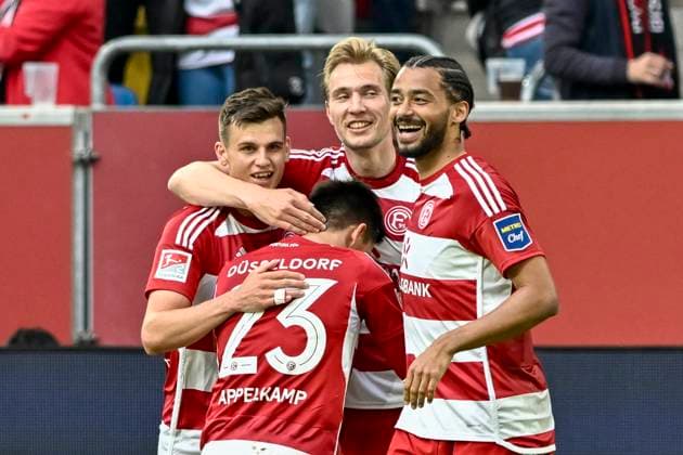 Vincent Vermeij 9, Fortuna Duesseldorf celebrates after the goal to 2 0 with Emmanuel Iyoha 19, Fortuna Duesseldorf Tim Oberdorf 15, Fortuna Duesseldorf Shinta Appelkamp 23, Fortuna Duesseldorf 03 05 2024 Soccer Fortuna Duesseldorf vs 1 FC Nuernberg , Merkur Spiel Arena, Duesseldorf, DFB DFL REGULATIONS PROHIBIT ANY USE OF PHOTOGRAPHS AS IMAGE SEQUENCES AND OR QUASI VIDEO NRW Germany Copyright: xpepphotox xHorstxMauelshagenx pep00321, pep_20240503_hm