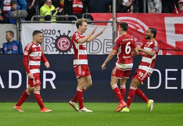 Jubel 1 0 v li , Christos Tzolis Fortuna Duesseldorf , Vincent Vermeij Fortuna Duesseldorf , Yannik Engelhardt Fortuna Duesseldorf , Emmanuel Iyoha Fortuna Duesseldorf 03 05 2024, Soccer 2 Bundesliga, Matchday 32, Season 2023 2024 Fortuna Duesseldorf 1 FC Nürnberg Duesseldorf North Rhine-Westphalia Germany Team2